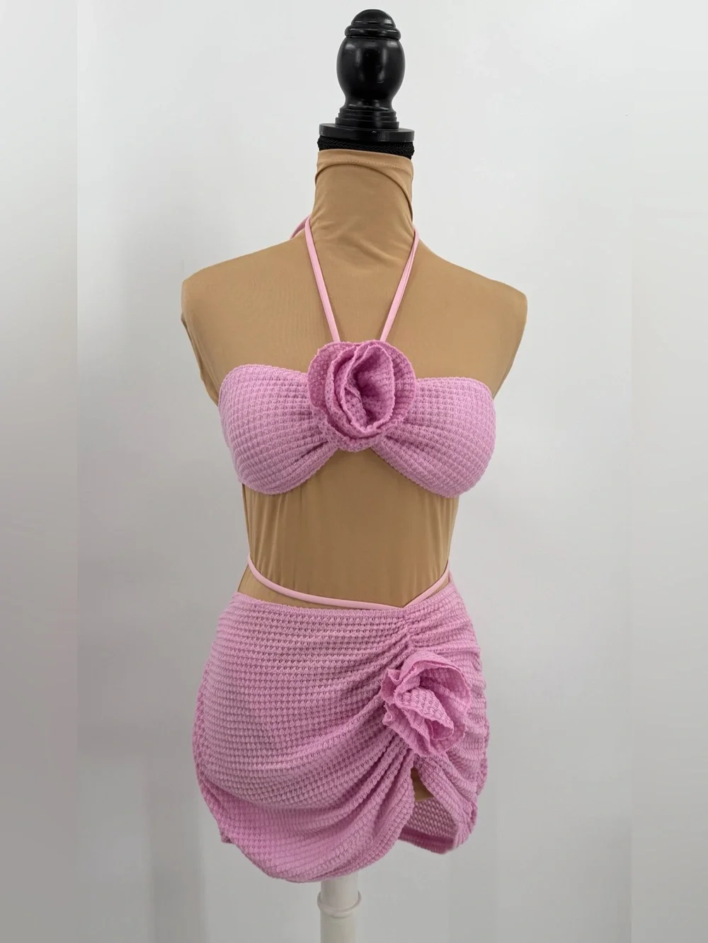 Pink Rosette flower 3 Piece bikini set cover up skirt Textured S vacation resort